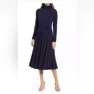 NWT Eliza J Navy Pleated Mock Neck Long Sleeve Midi Dress Size 6